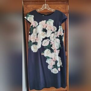 HOBBS LONDON SHEATH PENCIL FLORAL NAVY COTTON TWILL DRESS US12 UK16